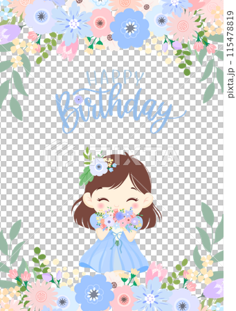 バースデーカード　青い花とスカートを着た可愛い女の子　Happy Birthday 文字入り 115478819