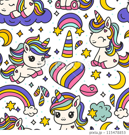 Cute Cartoon Unicorns Seamless Pattern. Unicorn Animal And Rainbow. 115478853