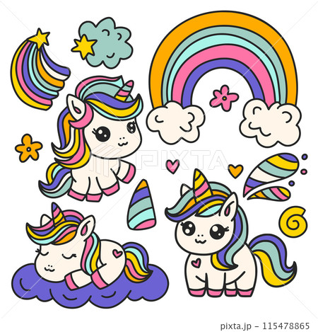 Set Of Cute Cartoon Unicorns Isolated On A White Unicorn Animal And Rainbow. 115478865