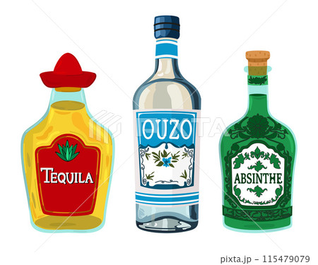 Vector collection of alcohol drinks. Bottles isolated on white background. Tequila, ouzo, absinthe Vector collection of alcohol drinks. Bottles isolated on white background. Tequila, ouzo, absinthe 115479079