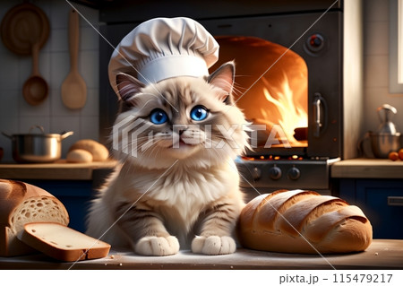 cute cat in a chef's hat with baked fresh bread 115479217