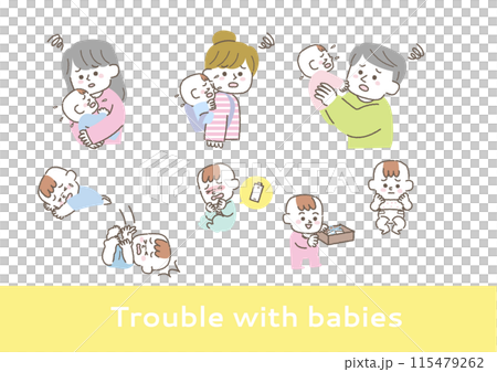 Illustration set about baby accidents and troubles Illustration set about baby accidents and troubles 115479262