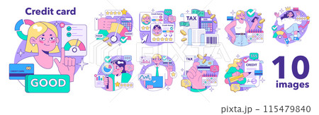 Credit card set. Bank-offered financing of purchases. Individual and business credit card. Credit arrangements and rating. Flat vector illustration 115479840