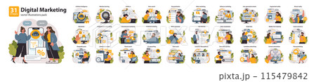 Digital marketing set. Marketing strategy development innovative techniques, tools and services. Web marketing technologies for brand online promotion. Flat vector illustration 115479842