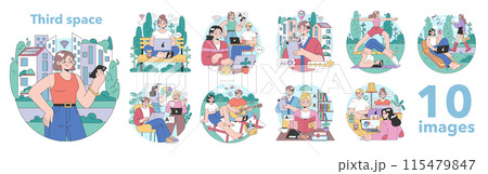Third place idea set. Social surroundings, separate from home and workplace. Community life building, people interaction and communication zone. Flat vector illustration 115479847