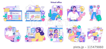 Virtual office set. Professionals engaging in online tasks. Website browsing, data analysis, video call participation, remote work, and digital communication. Flat vector illustration 115479860