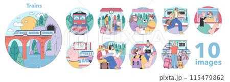 Train trip set. Characters traveling by train. Passengers with luggage getting on train. Railway travel and tourism. Flat vector illustration Train trip set. Characters traveling by train. Passengers with luggage getting on train. Railway travel and tourism. Flat vector illustration 115479862
