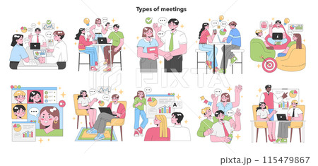 Types of Meetings set. Professionals engage in diverse discussions. Office desk collaboration, casual cafe chat, online webinar, brainstorming session, and presentation. Flat vector illustration. 115479867