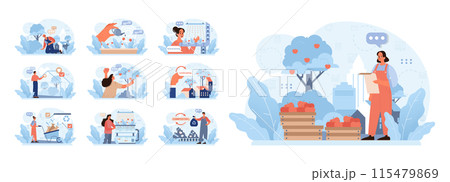 Urban farming set. City dwellers engaging in sustainable practices. Vertical farming, tree nurturing, compost creation, and eco-friendly agriculture. Organic produce in urban settings. Flat vector 115479869