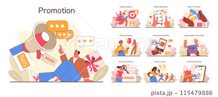 Promotion set. Exploring marketing strategies and advertising tools. Engaging target audience, leveraging digital marketing, personal selling, and unique value propositions. Flat vector illustration 115479886