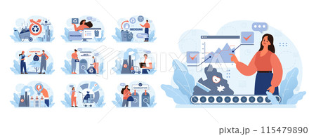 Waste Management set. Professionals demonstrate recycling processes, composting methods, and waste reduction. New product creation, eco-friendly segregation. Flat vector illustration 115479890