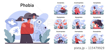 Phobia set. Human's irrational inner fears and panic. Mental disorder, feeling of threat and danger. Psychology and mental therapy. Flat vector illustration Phobia set. Human's irrational inner fears and panic. Mental disorder, feeling of threat and danger. Psychology and mental therapy. Flat vector illustration 115479929