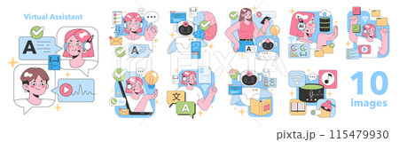 Virtual Assistant set. Everyday tasks made easier with AI technology. Managing emails, optimizing tasks, video playbacks, brain insights. Seamless integration with gadgets. Flat vector illustration 115479930
