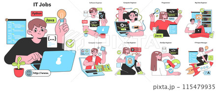 Illustration of IT professionals in action, highlighting roles like software engineer and security expert, captures the dynamic essence of the tech industry. 115479935