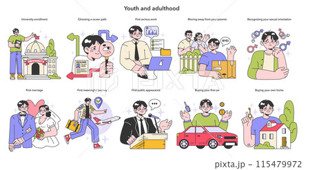 Youth and adulthood years set. Life milestones. Young male character getting old and gain new experience. Flat vector illustration Youth and adulthood years set. Life milestones. Young male character getting old and gain new experience. Flat vector illustration 115479972