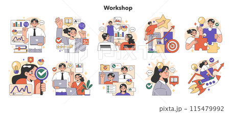 Training workshop set. Interactive training process. Professional development. Increasing of business competences and skills. Flat vector illustration 115479992