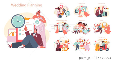 Wedding Planning set. Bride and groom navigating matrimonial preparations. Venue choice, bridal gown selection, RSVPs. Celebratory mood with cheerful friends. Flat vector illustration. 115479993