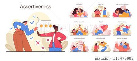 Assertiveness set. Characters display self-respect, conflict resolution, and empathy in interactions. Effective communication skills and respect in various scenarios. Flat vector illustration 115479995