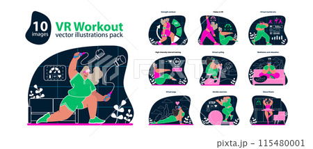 VR Workout set. Interactive and immersive fitness routines. Engaging virtual reality exercises across diverse activities. Dynamic home training experience. Flat vector illustration. VR Workout set. Interactive and immersive fitness routines. Engaging virtual reality exercises across diverse activities. Dynamic home training experience. Flat vector illustration. 115480001
