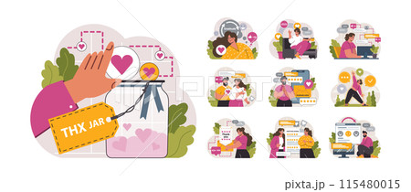 Gratitude set. Grateful and thankful characters. Charity and volunteer work sharing love and care. Online and offline communication. Flat vector illustration 115480015