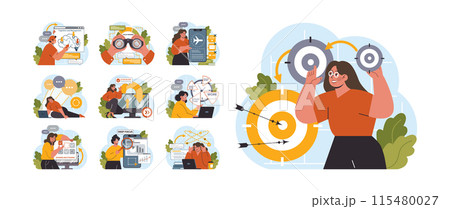 Hyperfocus set. Focus and concentration skill. Self-discipline and time management. Organization for performance efficiency. Flat vector illustration 115480027