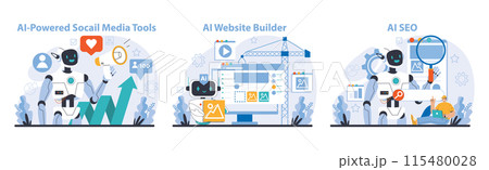 AI Tools set. Optimizes social media engagement, streamlines website creation, and enhances SEO strategies. Essential digital solutions depicted. Flat vector illustration. 115480028