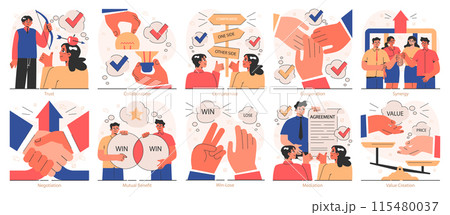 Win-win set. Professionals, employees navigate challenges, finding mutual success. Compromise, synergy and collaboration in negotiation process. Flat vector illustration. 115480037