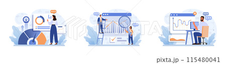 Progress set. Work optimization and efficiency. Character moving towards the goal, target and success. Projects or work tasks. Time optimization and progress checking. Flat vector illustration 115480041
