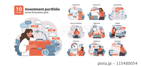 Investment portfolio set. Diverse strategies in finance and asset management. Stocks, gold, real estate choices. Return on investment, hedge funds dynamics. Flat vector illustration. Investment portfolio set. Diverse strategies in finance and asset management. Stocks, gold, real estate choices. Return on investment, hedge funds dynamics. Flat vector illustration. 115480054