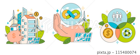 Social entrepreneurship set. Business' responsibility for impact on society and environment. Financing and implementing solutions for Sustainable development. Flat vector illustration 115480074