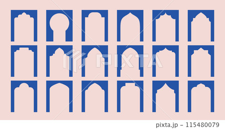 Arabic minimalist window shapes. Moroccan arche, gateway silhouettes. Vector blue simple arcs. 115480079