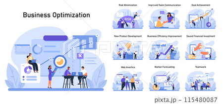 Business Optimization Set. Diverse professionals analyze data, mitigate risks, and communicate for efficiency. Web analytics insights. Financial investment decisions. Team collaboration. Flat vector. 115480087