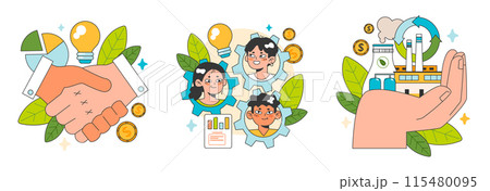 Social entrepreneurship set. Business' responsibility for impact on society and environment. Financing and implementing solutions for Sustainable development. Flat vector illustration Social entrepreneurship set. Business' responsibility for impact on society and environment. Financing and implementing solutions for Sustainable development. Flat vector illustration 115480095