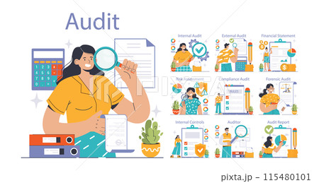 Audit set. Professionals evaluating financial records. Internal and external assessment, compliance checks. Forensic scrutiny, risk analysis. Financial statement reviews. Flat vector illustration 115480101