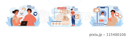 Gratitude set. Grateful and thankful characters. Charity and volunteer work sharing love and care. Online and offline communication. Flat vector illustration Gratitude set. Grateful and thankful characters. Charity and volunteer work sharing love and care. Online and offline communication. Flat vector illustration 115480108