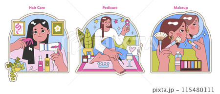 Personal grooming set. Nurturing hair care, meticulous pedicure, and creative makeup application scenes. Embracing beauty routines with joy and precision. Flat vector illustration. 115480111