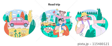 Road trip set. Young people or family going on vacation by a car. Characters driving automobile on holidays, traveling the world together. Flat vector illustration 115480121