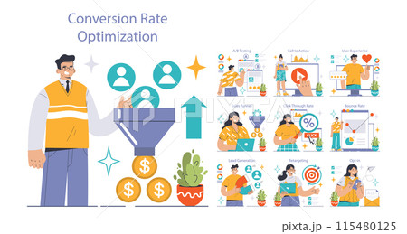 Conversion Rate Optimization set. Experts analyzing website performance. A B testing, sales funnel, lead generation. User engagement strategies. Flat vector illustration 115480125