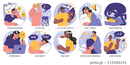Insomnia set. Diverse characters suffering from sleep deprivation. Sleep and mental disorder. Sleep hygiene and stages. Circadian rhythm maintaining. Flat vector illustration. 115480142