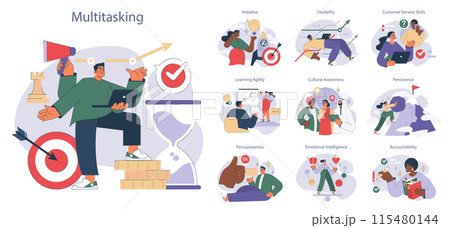 Soft skills set. Illustration of diverse characters displaying teamwork, emotional intelligence, and professional growth. Multitasking man anchors the concept. Soft skills set. Illustration of diverse characters displaying teamwork, emotional intelligence, and professional growth. Multitasking man anchors the concept. 115480144