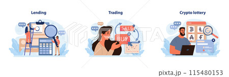 DeFi, decentralized finance set. Smart distributed ledger technologies for lending, investing, or exchanging cryptoassets without traditional centralized intermediary. Flat vector illustration DeFi, decentralized finance set. Smart distributed ledger technologies for lending, investing, or exchanging cryptoassets without traditional centralized intermediary. Flat vector illustration 115480153