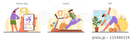 Home Workout set. Fitness enthusiasts engage with a fitness app, participate in cardio routines, and perform HIIT for a comprehensive home exercise experience. Flat vector illustration. 115480154