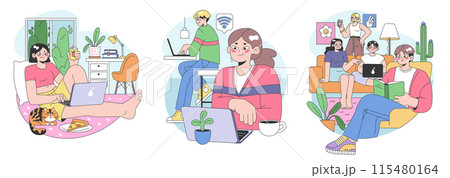 Co-living set. Friends or roommates living together. Characters hang out in dormitory or student apartment. Joint living and recreation in friends company. Flat vector illustration. 115480164