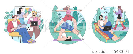 Third place idea set. Social surroundings, separate from home and workplace. Community life building, people interaction and communication zone. Flat vector illustration 115480171