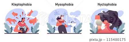 Phobia set. Human's irrational inner fears and panic. Mental disorder, feeling of threat and danger. Psychology and mental therapy. Flat vector illustration 115480175