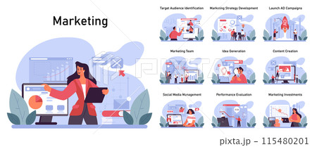 Marketing essentials set. Comprehensive stages of marketing workflow, from audience identification to investments. Diverse team, strategy planning, and execution. Flat vector illustration Marketing essentials set. Comprehensive stages of marketing workflow, from audience identification to investments. Diverse team, strategy planning, and execution. Flat vector illustration 115480201