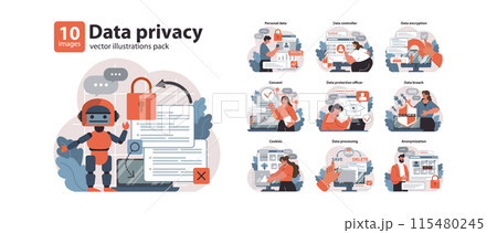 Data Privacy set. Exploring the facets of online safety. Personal data handling, secure browsing and encryption techniques. Protecting information user consent and potential threats. vector 115480245