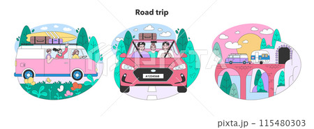 Road trip set. Young people or family going on vacation by a car. Characters driving automobile on holidays, traveling the world together. Flat vector illustration 115480303
