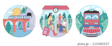 Train trip set. Characters traveling by train. Passengers with luggage getting on train. Railway travel and tourism. Flat vector illustration Train trip set. Characters traveling by train. Passengers with luggage getting on train. Railway travel and tourism. Flat vector illustration 115480337