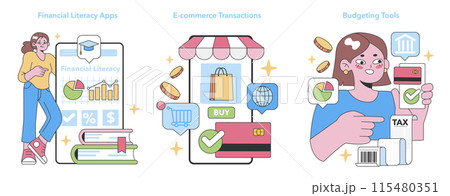 Financial Empowerment Tools set. Illustrates financial literacy apps, e-commerce transactions, and budgeting tools. Enhancing fiscal understanding. Flat vector illustration. 115480351